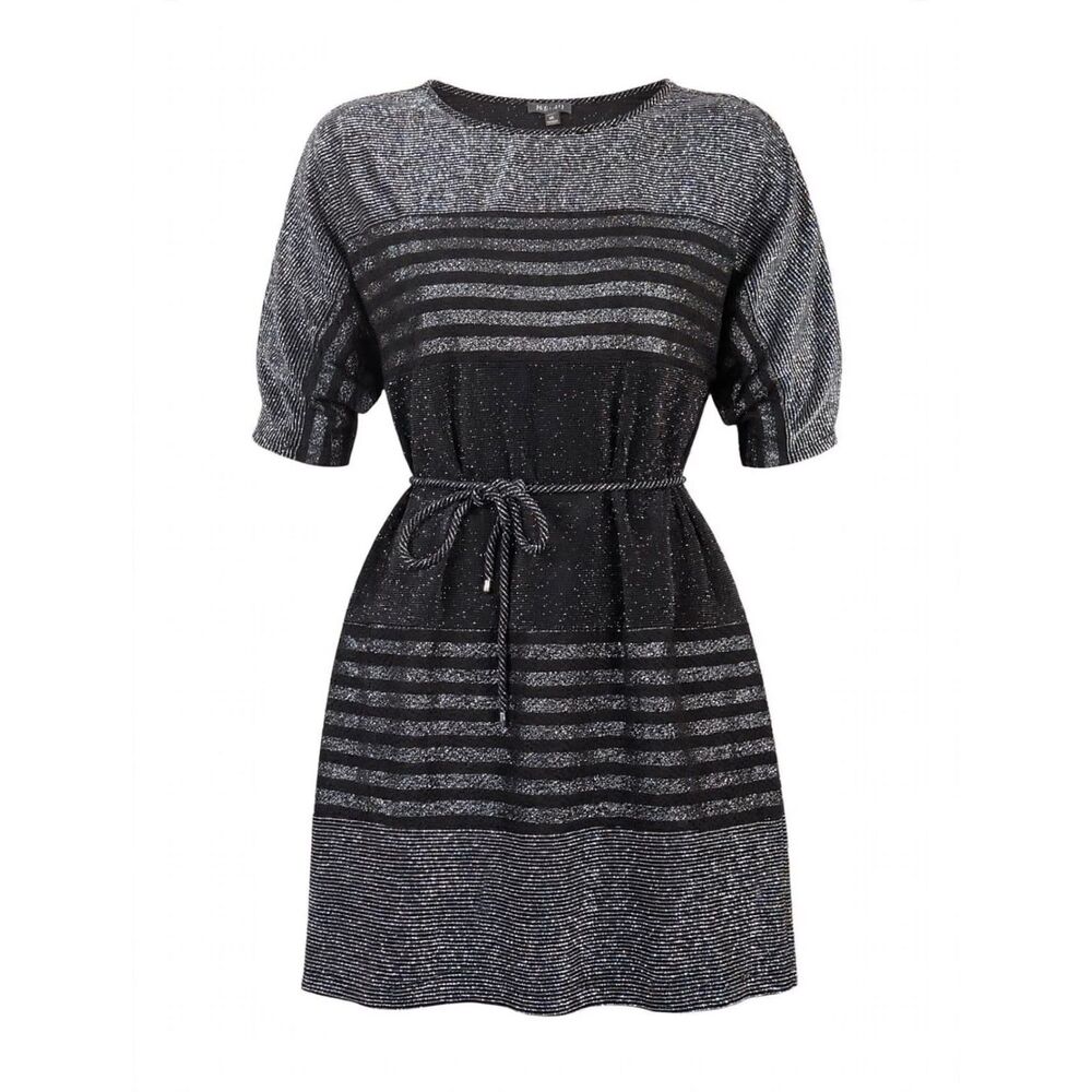 Women's Gray Black Metallic Striped Belted Sweater Dress Knee Length Plus XL